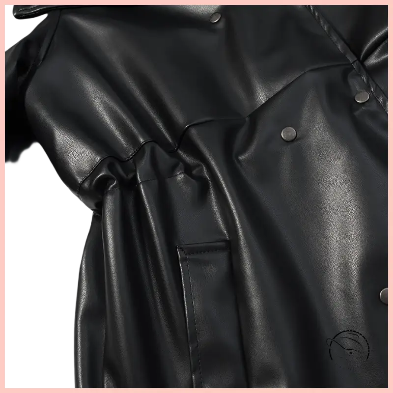 Langry faux leather coat with black jacket design, button closure, patch pocket