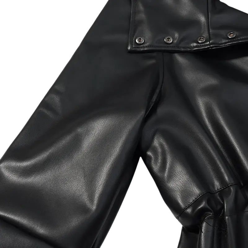 Langry faux leather coat with black snap closure and buttons