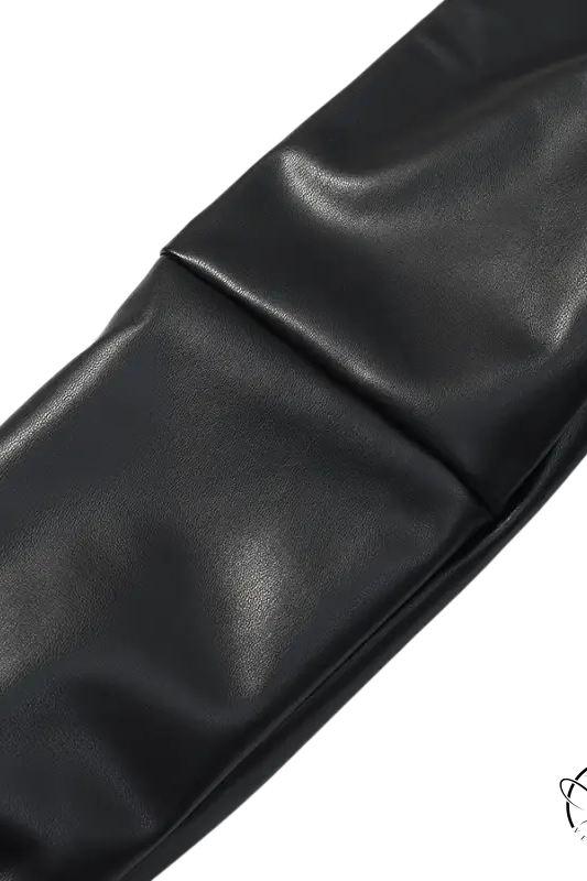 Black faux leather belt with textured surface and silver buckle for Langry coat