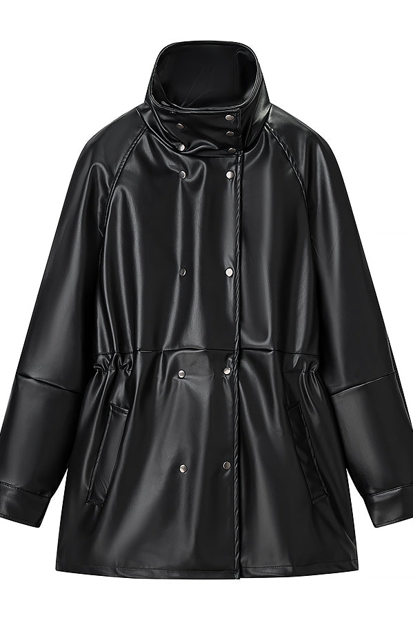 Langry faux leather jacket with high collar, buttons, and drawstring waist