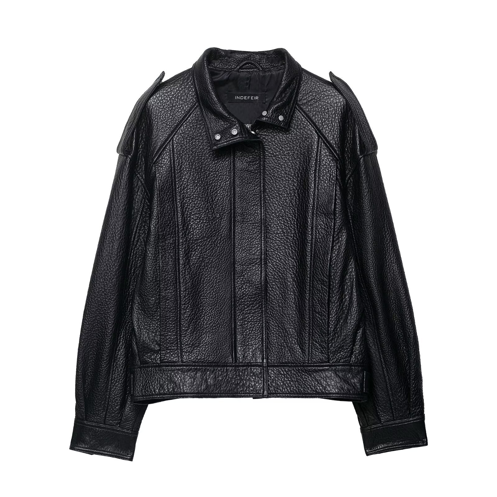 Elegant drop shoulder faux leather bomber jacket by Langry with distressed texture and zipper details