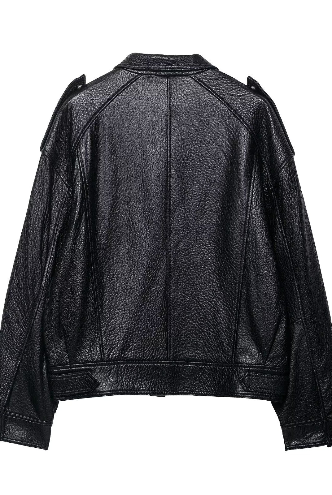 Elegant drop shoulder faux leather Langry bomber jacket with cut-out textured shoulders