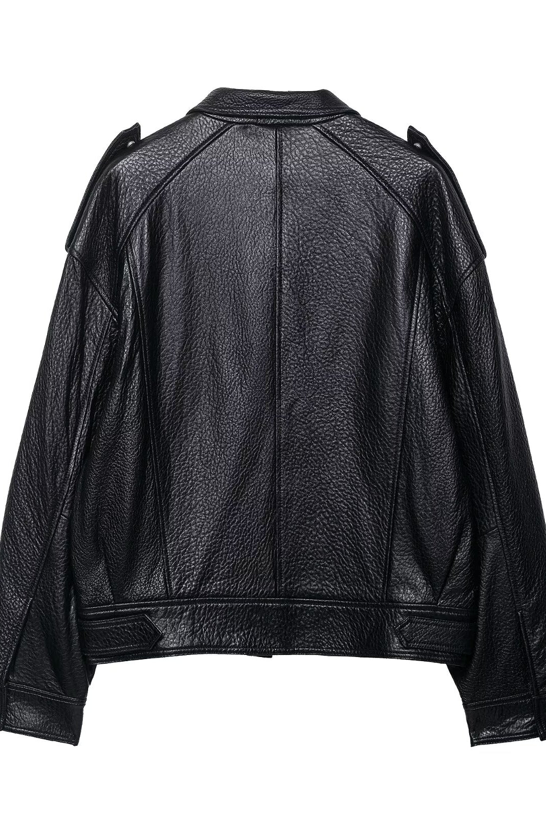 Elegant drop shoulder faux leather Langry bomber jacket with cut-out textured shoulders