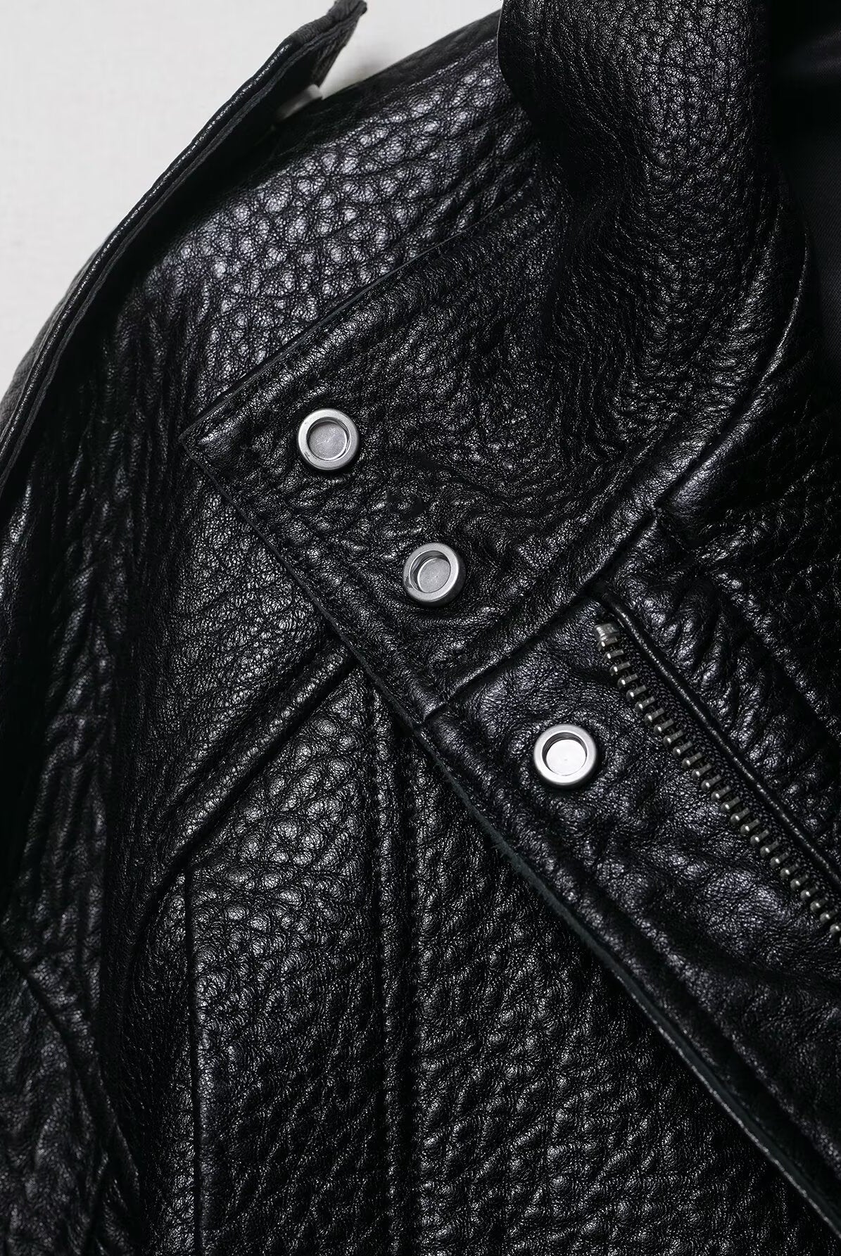 Elegant Langry faux leather drop shoulder bomber jacket with silver buttons and zipper