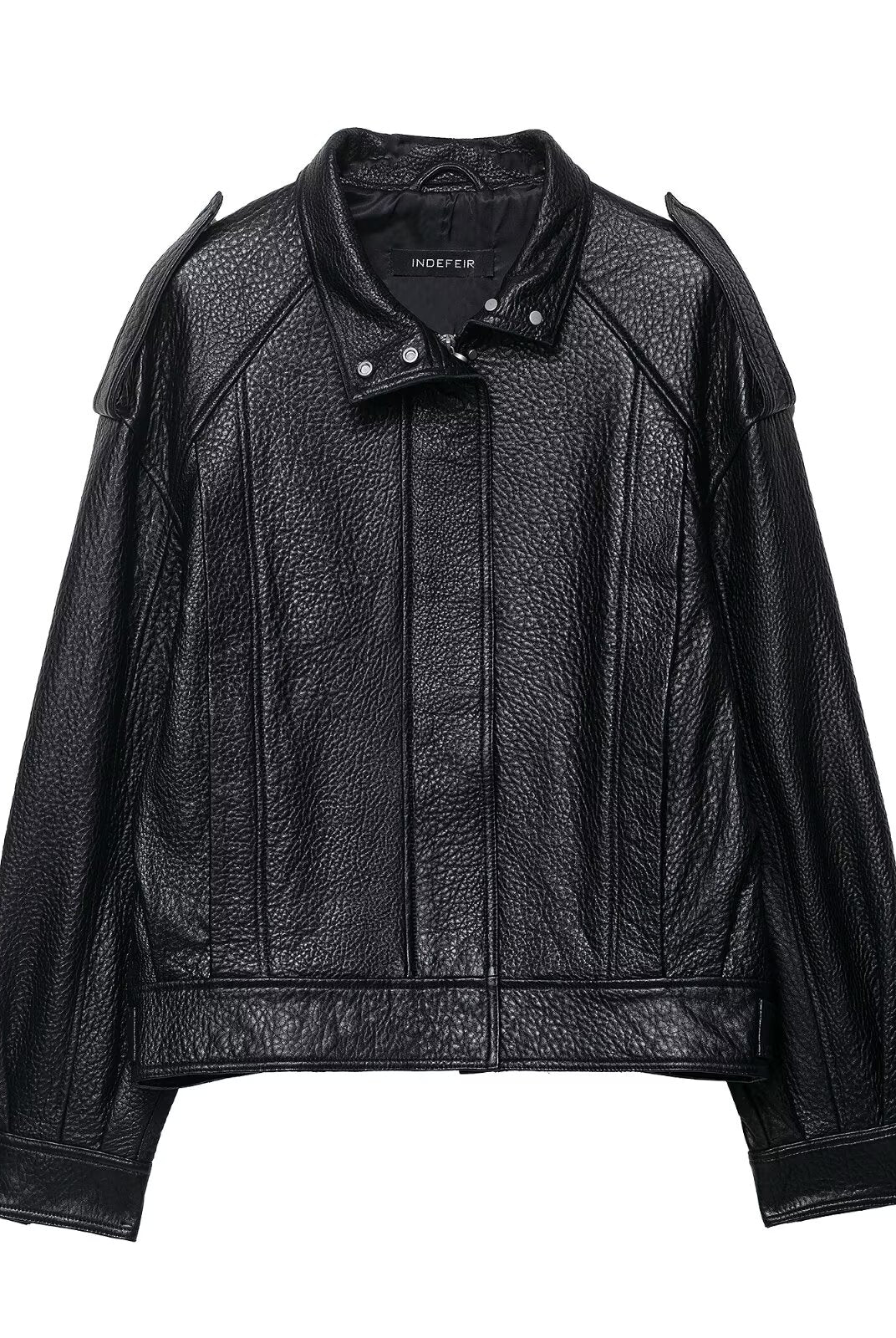 Elegant Langry faux leather drop shoulder bomber jacket with distressed texture and zipper detail
