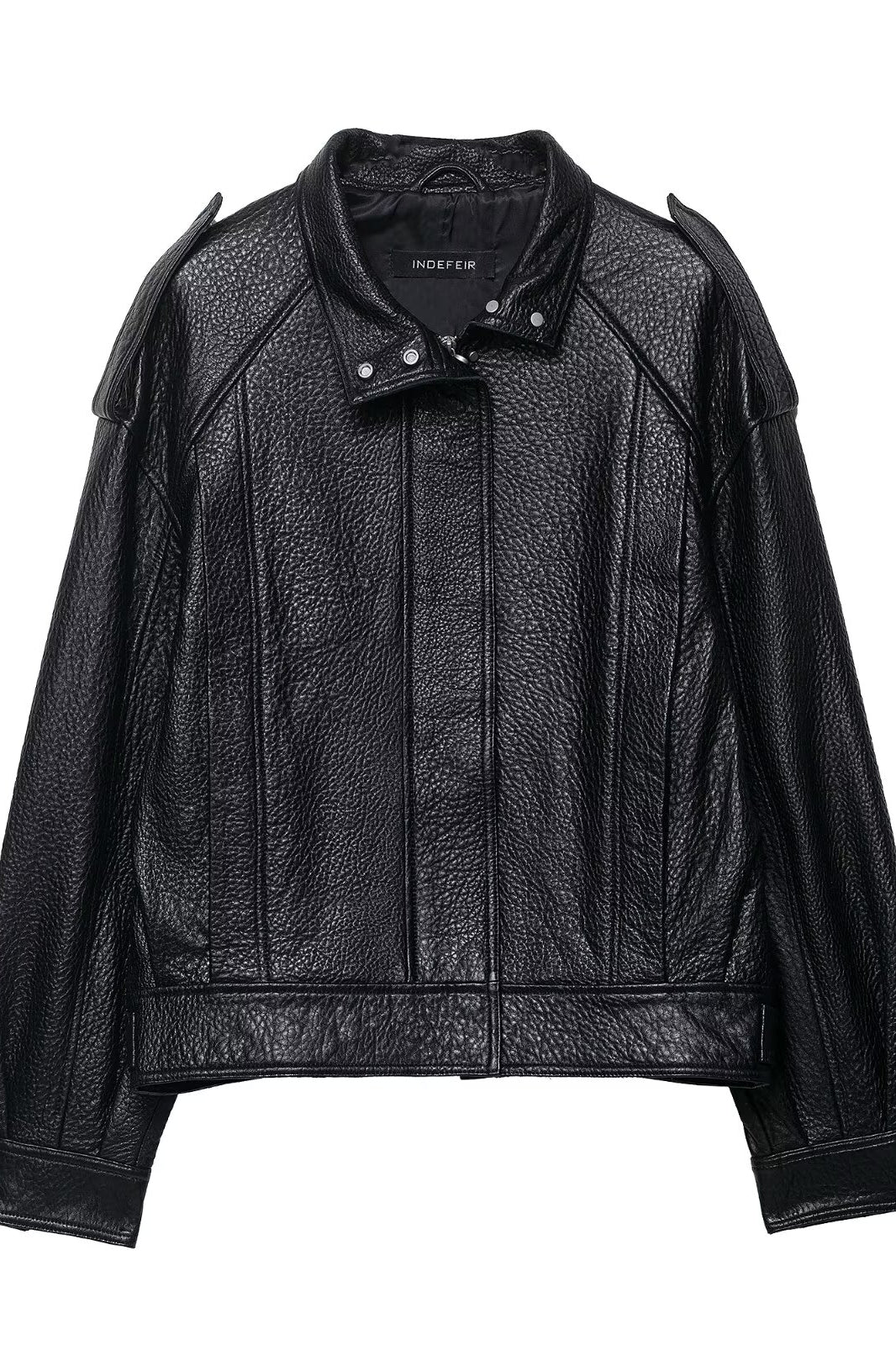 Elegant Langry faux leather drop shoulder bomber jacket with distressed texture and zipper detail