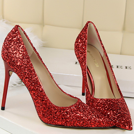 Langry elegant red glitter high heel pumps with pointed toes and thin straps in fashion
