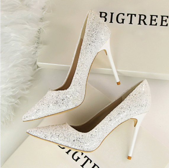 Elegant Langry silver glitter pointed toe stiletto high heel pump