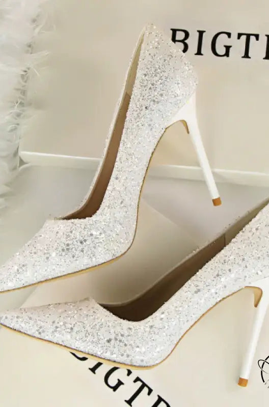 Elegant silver glitter langry fashion high heel pump with pointed toe and stiletto heel