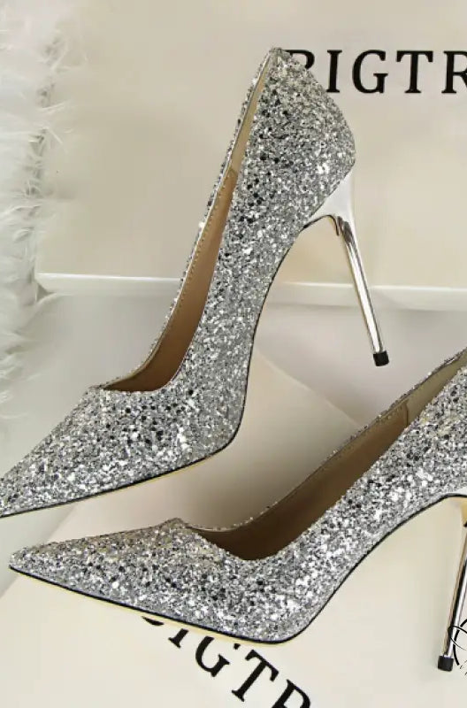 Elegant langry silver glitter high heel pumps in fashion style