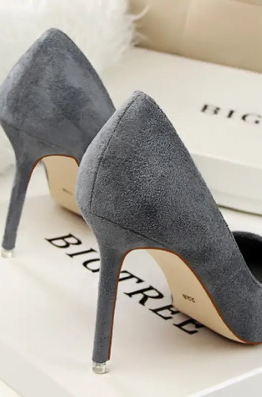Gray suede simple stiletto high heel pumps with silver accents