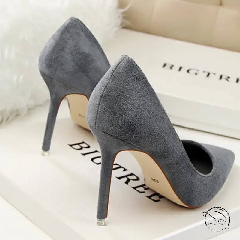 Gray suede simple stiletto high heel pumps with silver accents