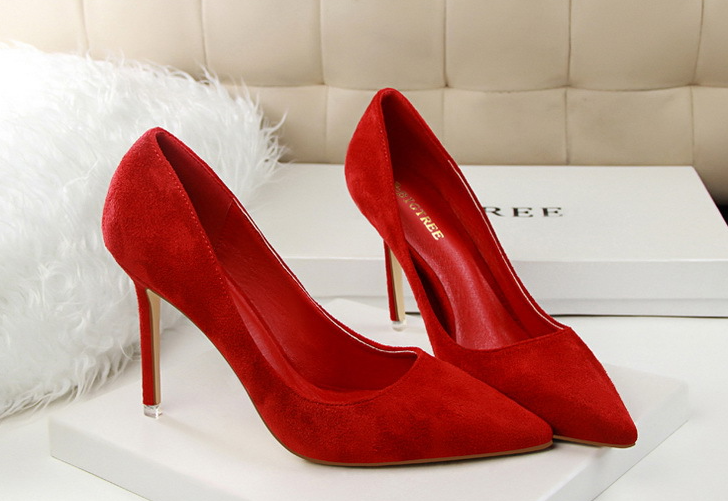 Langry red suede stiletto high heel pumps with gold accents