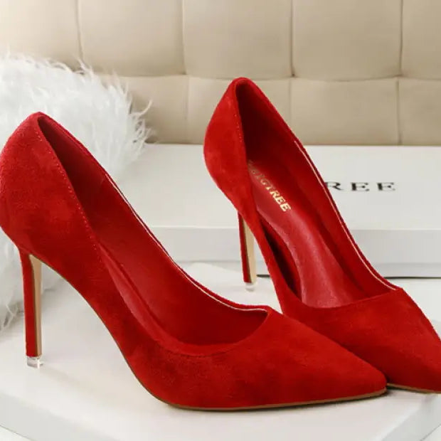 Red suede simple stiletto high heel pumps with gold accents and pointed toes