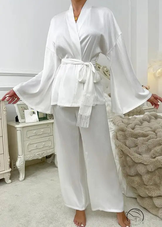 Langry white satin robe with bell sleeves, fringed belt, fashion home wear