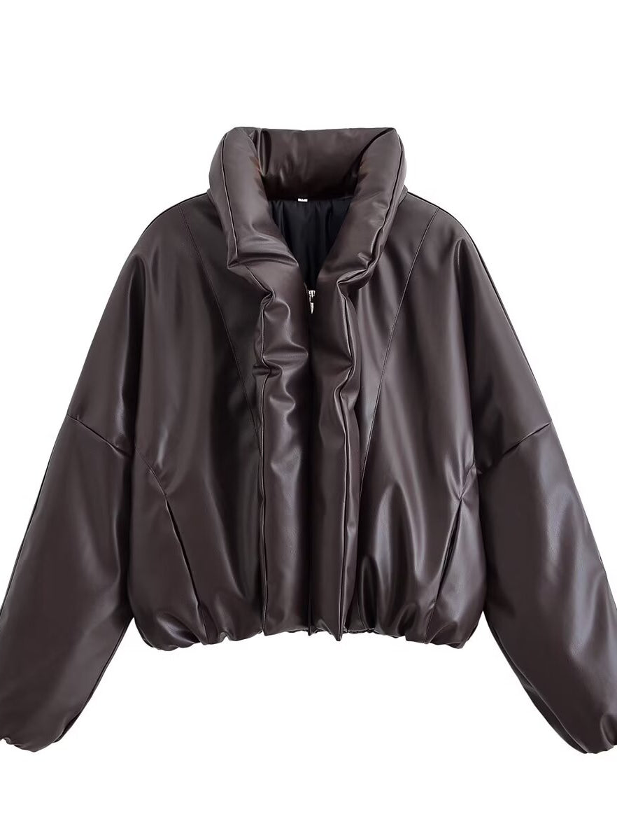 Trendy langry fashion brown puffer jacket with high collar and zipper