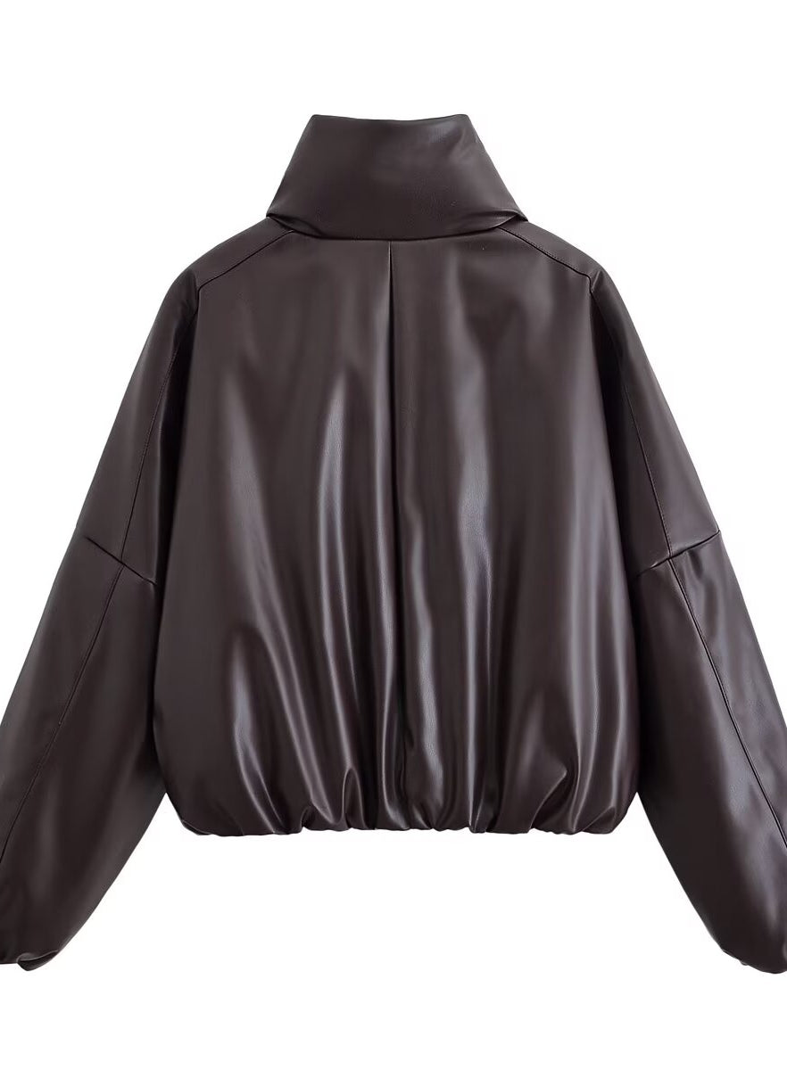 Trendy langry brown leather bomber jacket with high collar and puffed sleeves