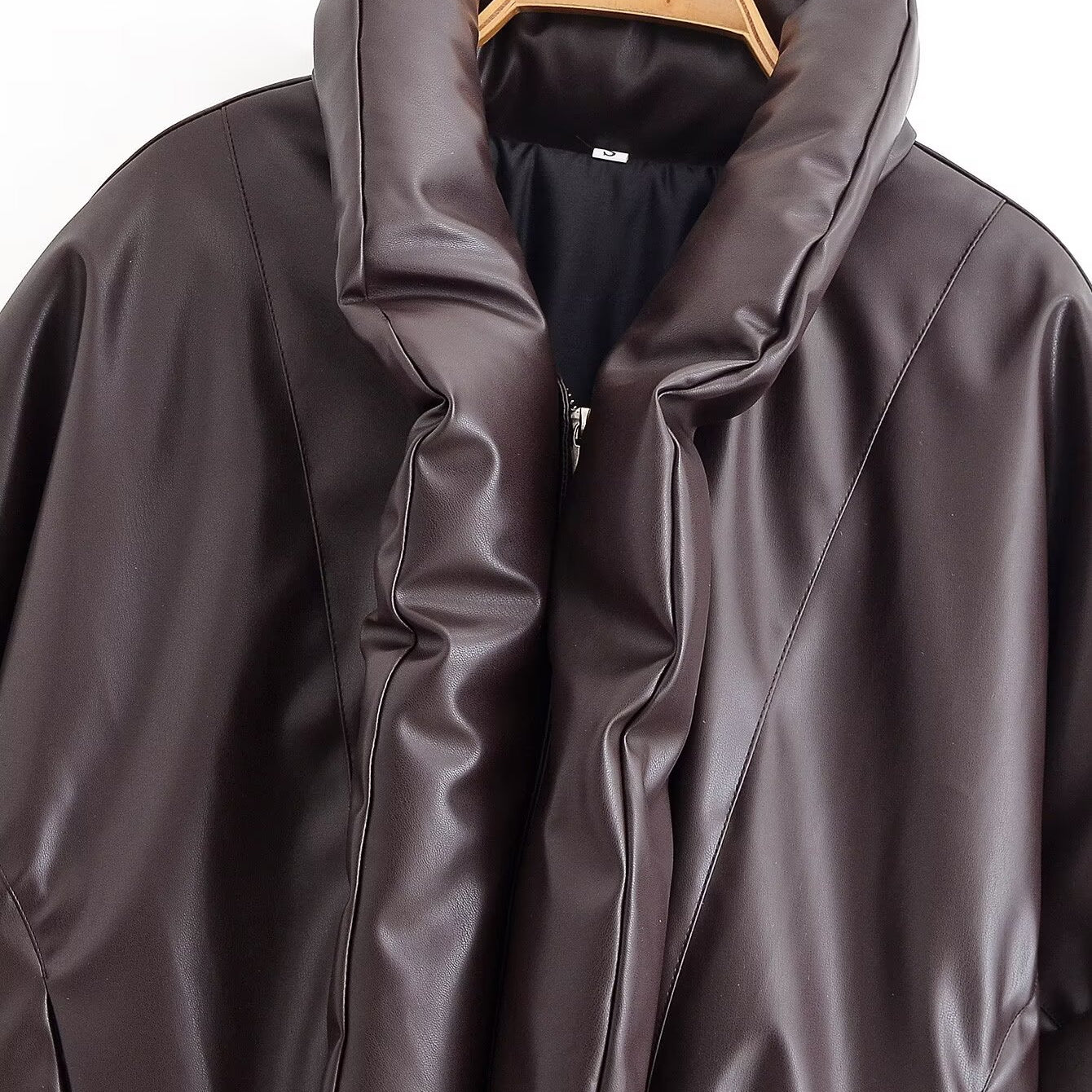Trendy langry fashion brown leather jacket with hood and zipper