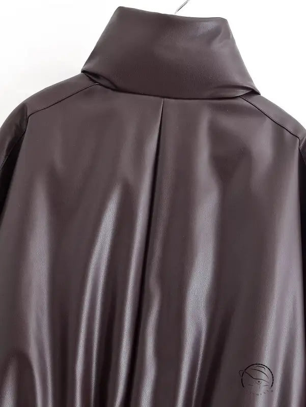 Trendy langry fashion brown leather high collar jacket with shiny finish