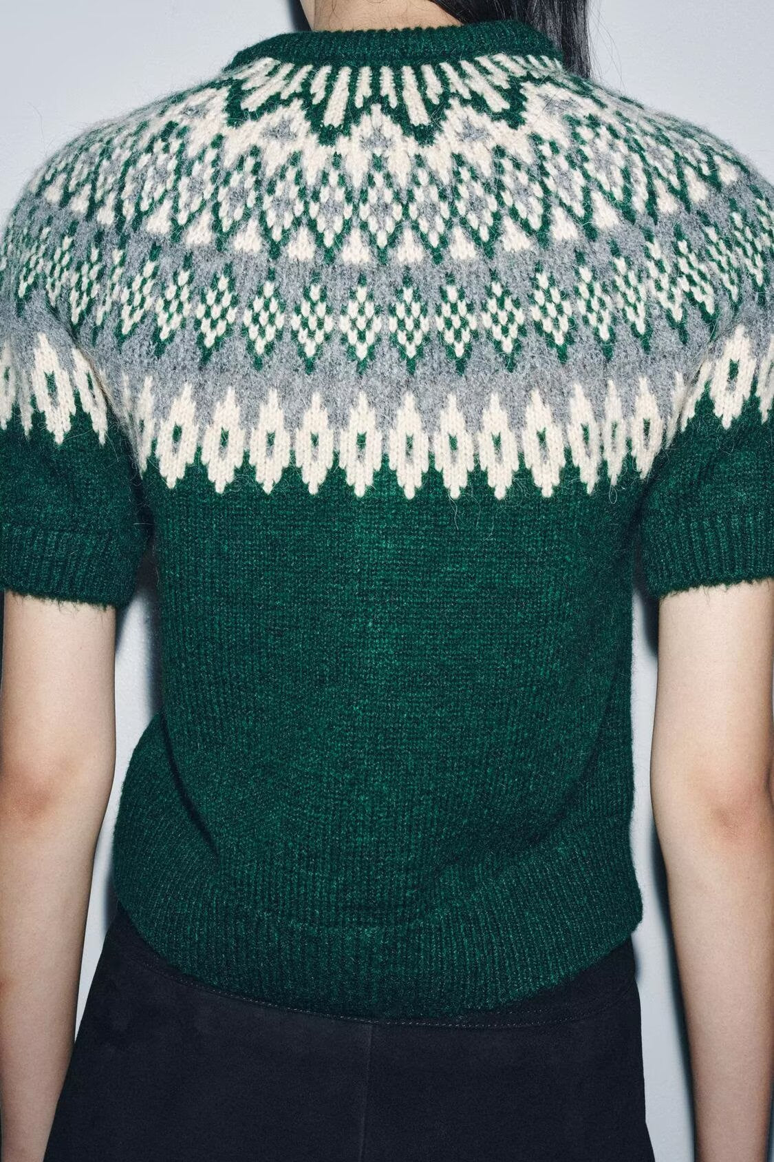 Green and white short sleeve Fair Isle jacquard knitted coat