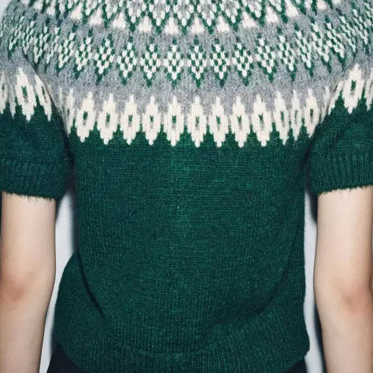 Green and white short sleeve fair isle jacquard knitted coat