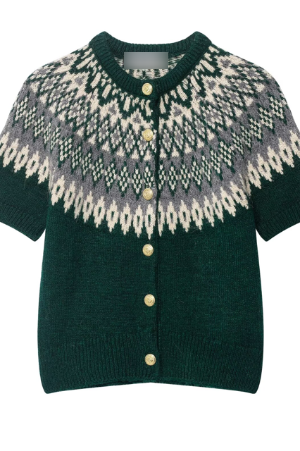 Green short sleeve fair isle cardigan with gold buttons