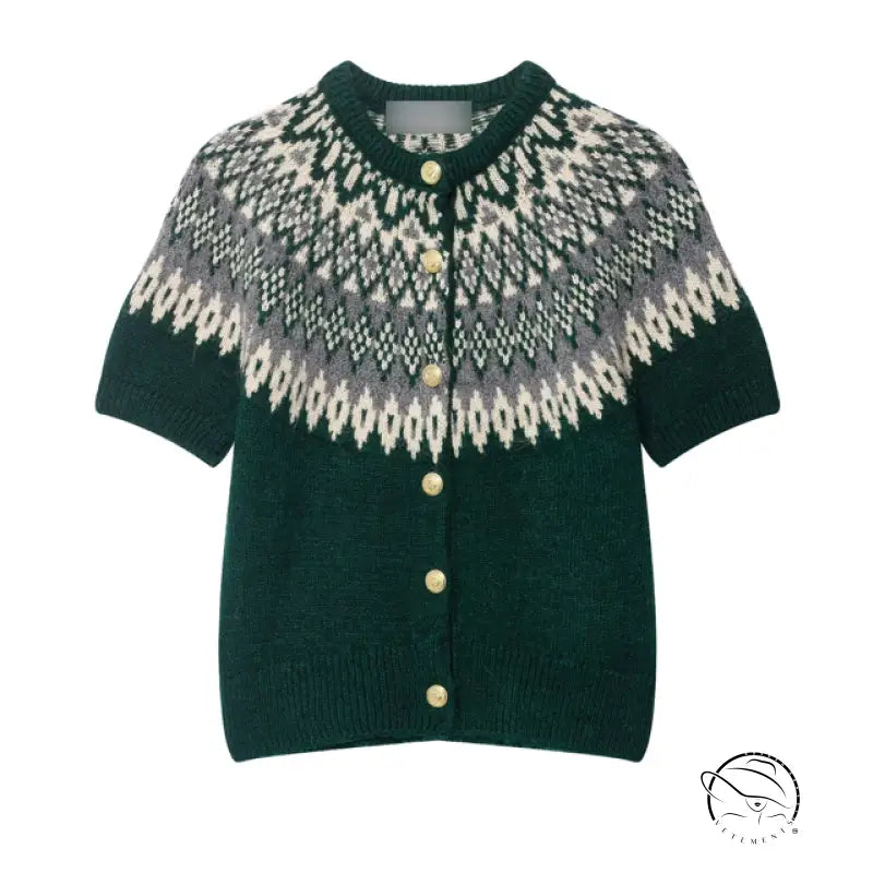 Green short sleeve jacquard cardigan with fair isle pattern and gold buttons