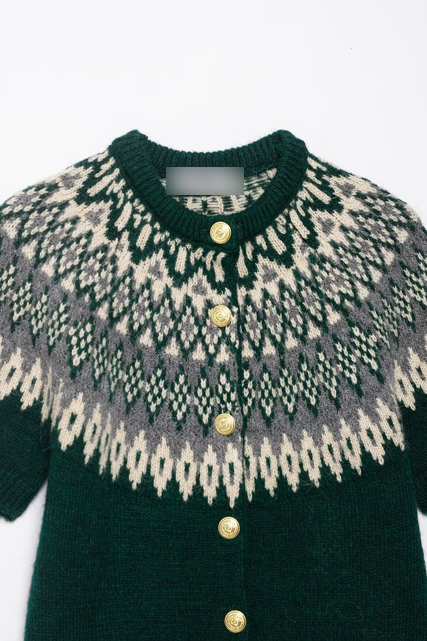 Short sleeve green Fair Isle jacquard knitted coat with white and gray accents