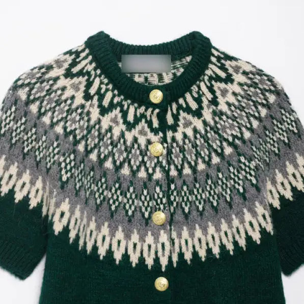 Short sleeve green fair isle jacquard knitted coat with white and gray accents