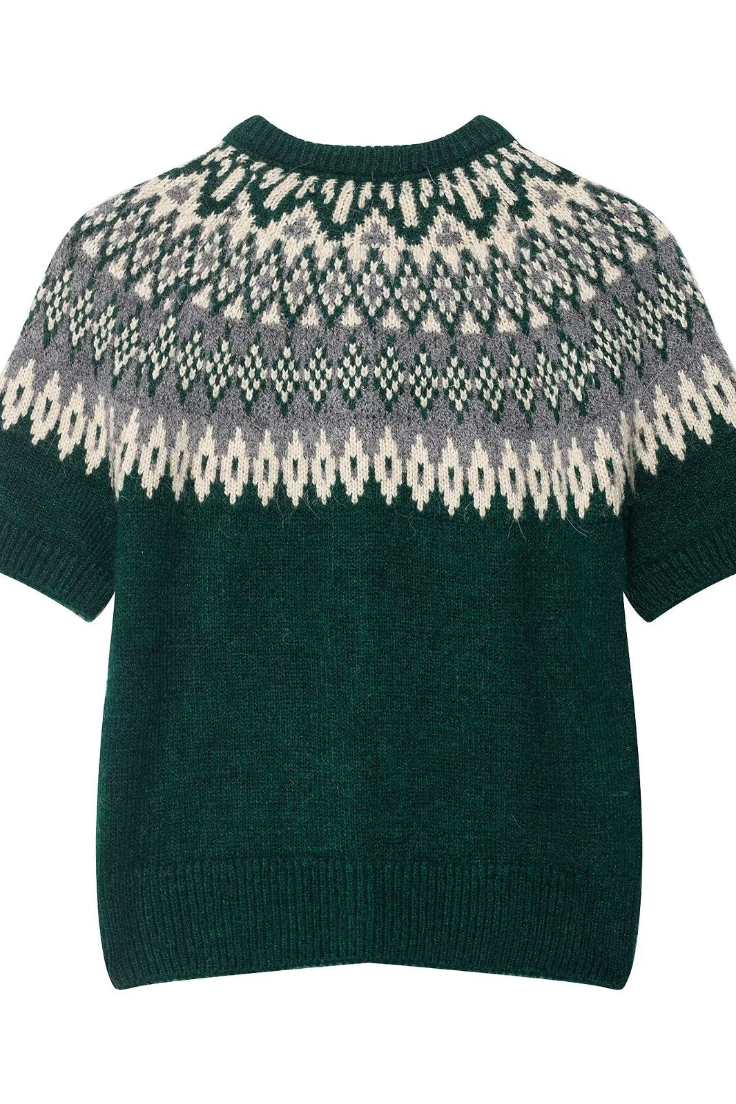 Green and white short sleeve Fair Isle jacquard knitted coat