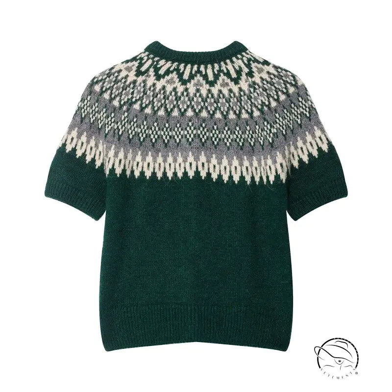 Short sleeve green and white fair isle jacquard knitted coat