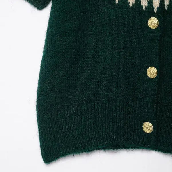 Short sleeve jacquard knitted coat in green and white pattern with gold buttons