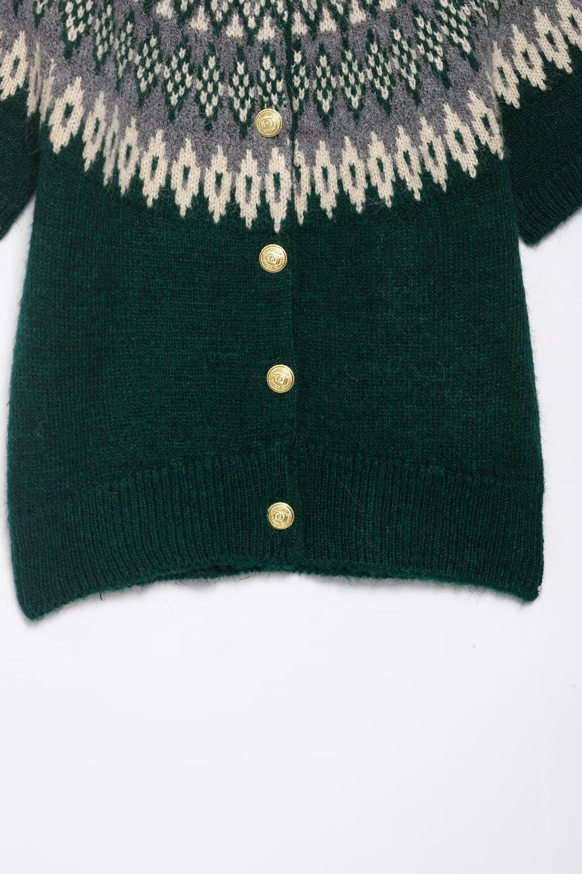 Short sleeve green and white Fair Isle jacquard knitted coat with gold buttons