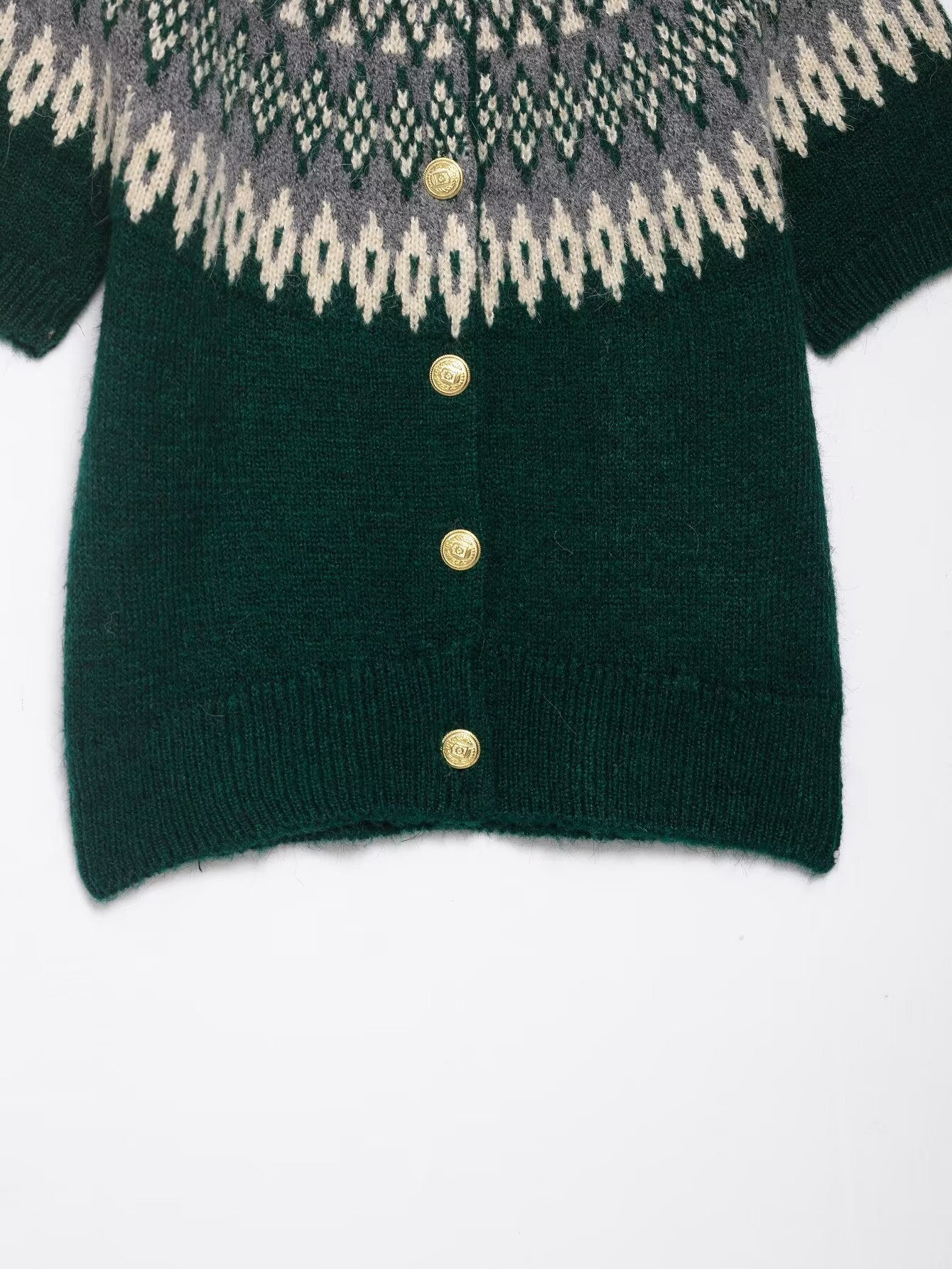 Short sleeve green and white Fair Isle jacquard knitted coat with gold buttons