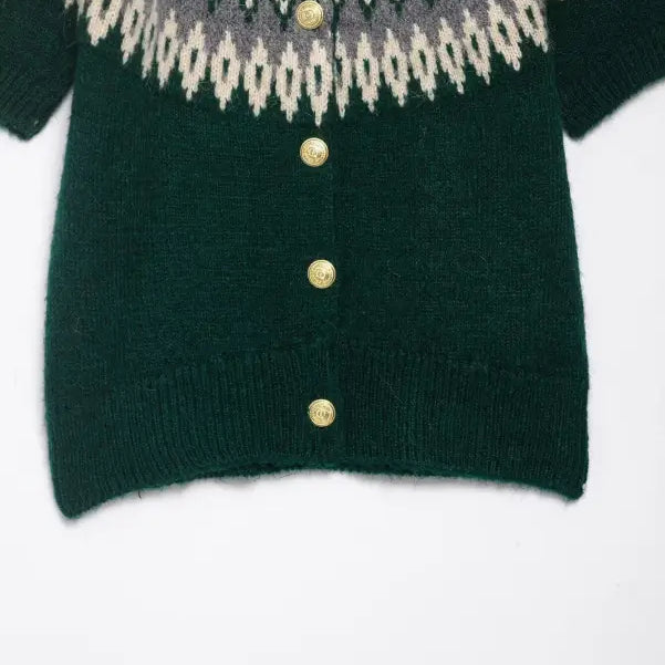 Short sleeve green and white fair isle jacquard knitted coat with gold buttons