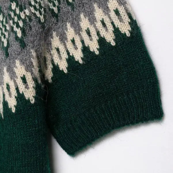 Short sleeve green and white fair isle jacquard knitted coat