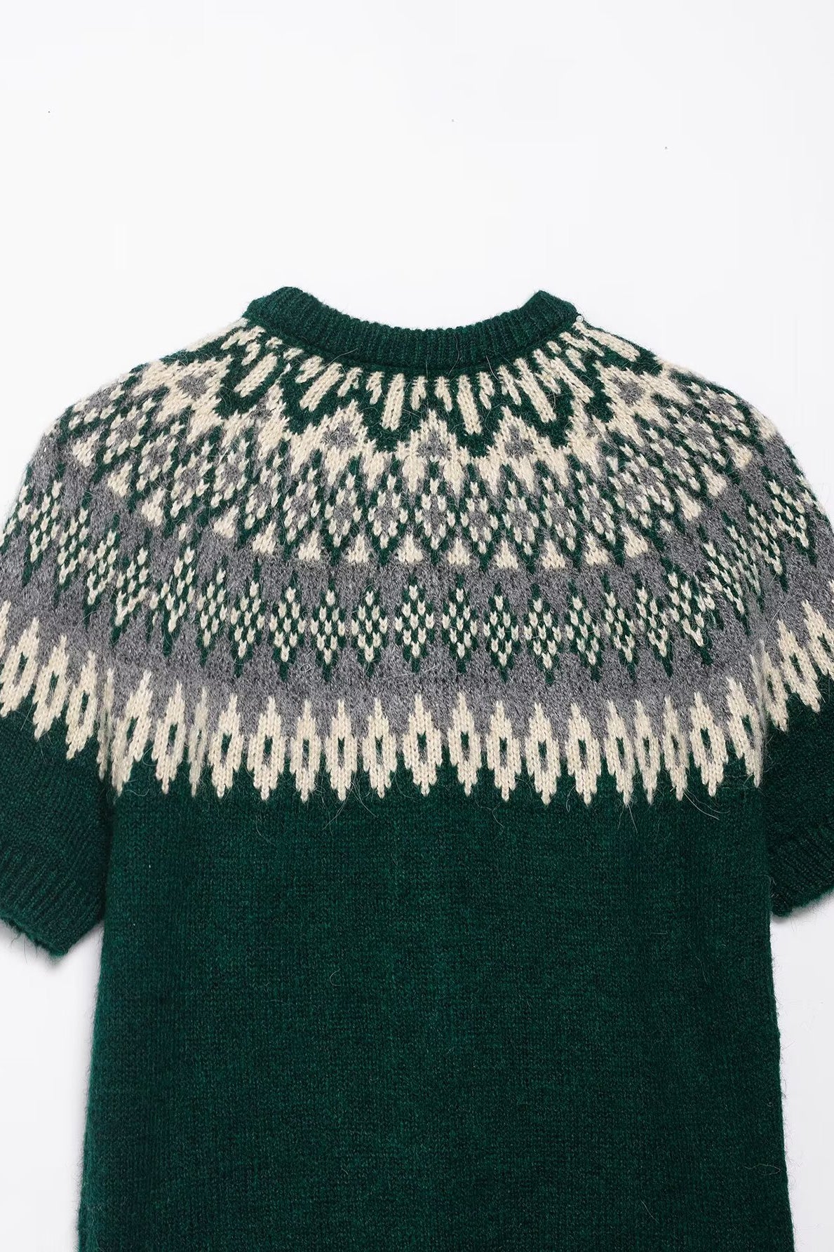 Short sleeve green Fair Isle jacquard knitted coat with intricate white, gray, black pattern