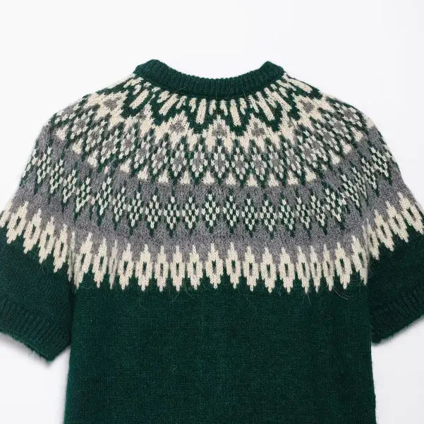 Short sleeve green fair isle jacquard knitted coat with intricate pattern