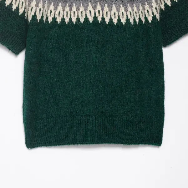 Green short sleeve fair isle jacquard knitted sweater coat