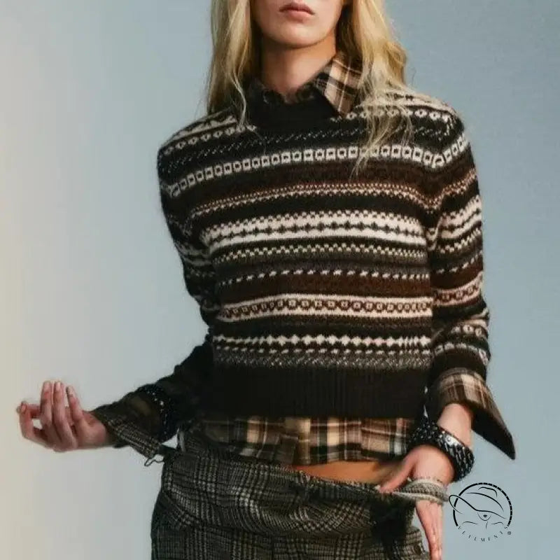 Black and brown fair isle jacquard sweater in cute geometric fashion design