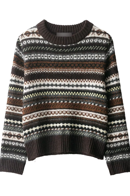 Langry fashion cute jacquard sweater with intricate fair isle geometric patterns in brown, white, and black