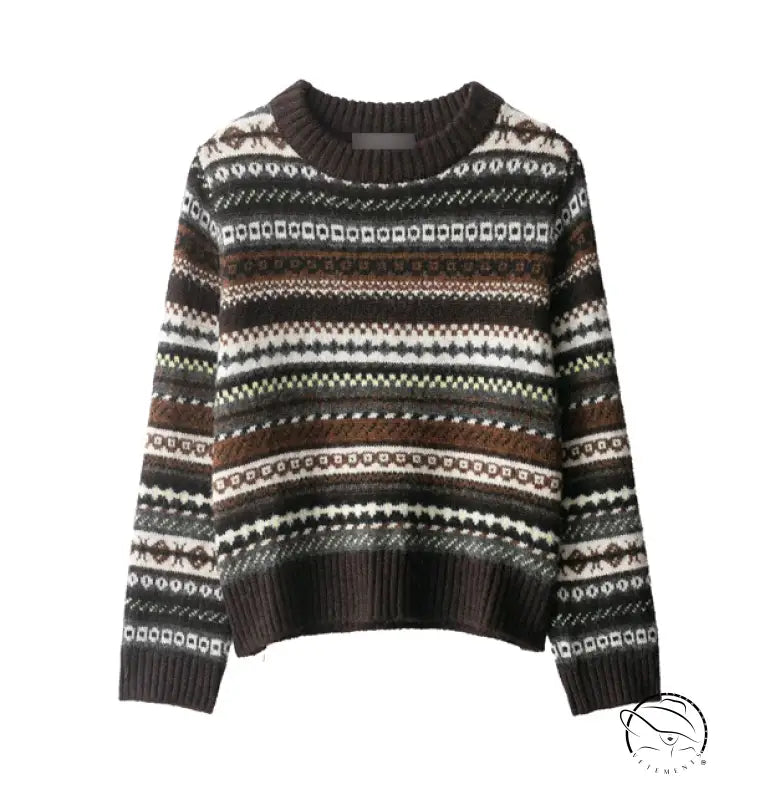 Fair isle jacquard sweater in brown, white, black geometric patterns