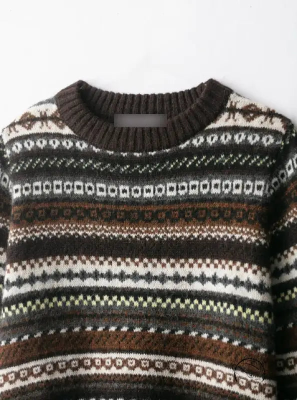 Cute langry fashion brown and white striped jacquard sweater with geometric patterns