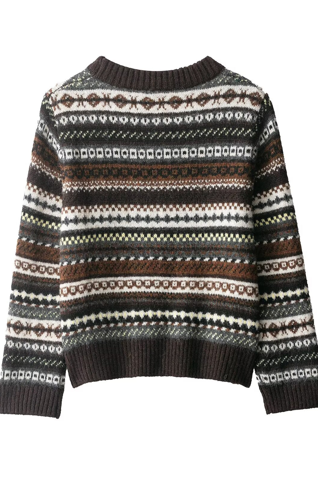 Langry Cute Design Jacquard Sweater with Fair Isle Geometric Patterns in Brown, Black, White