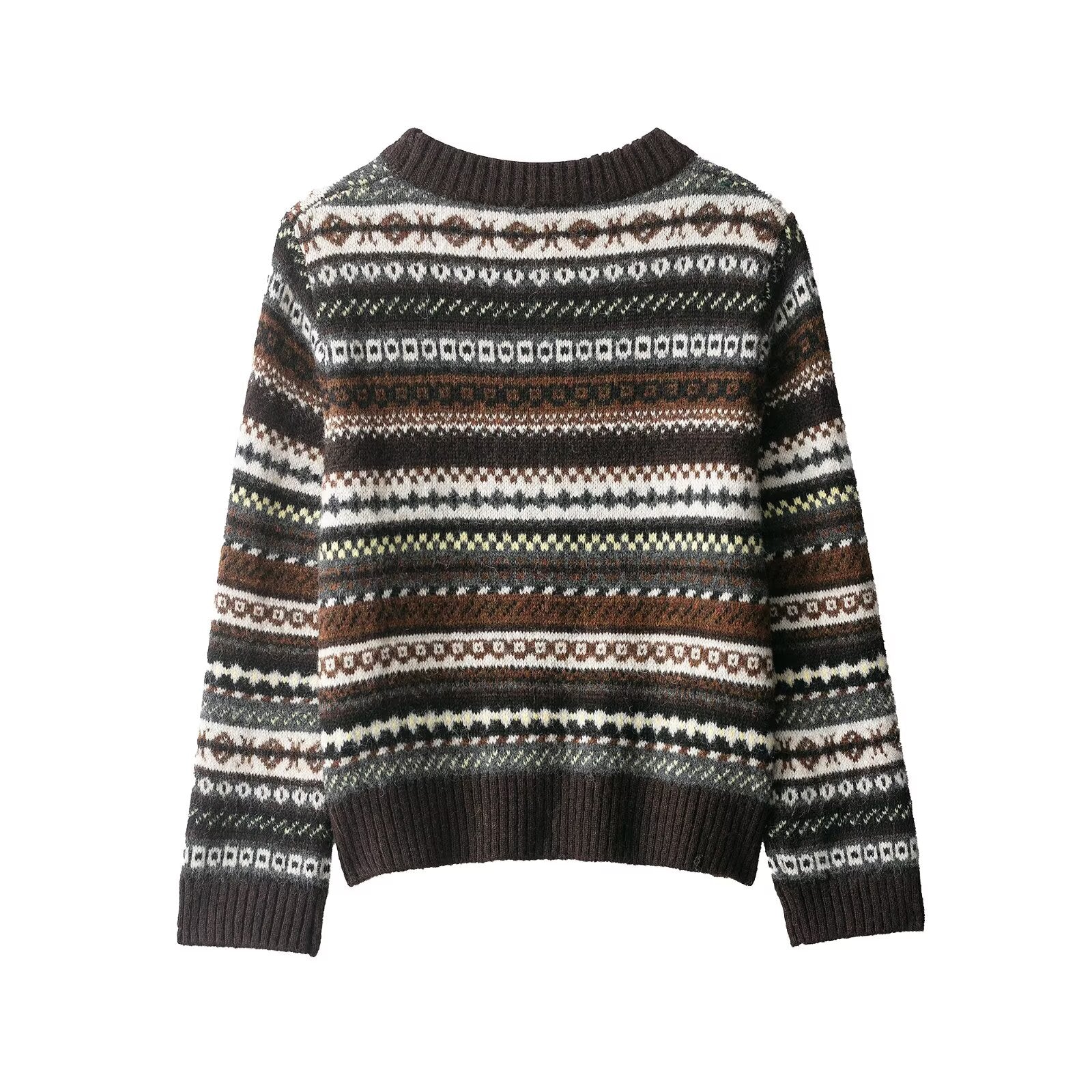 Langry Cute Design Jacquard Sweater with Fair Isle Geometric Patterns in Brown, Black, White