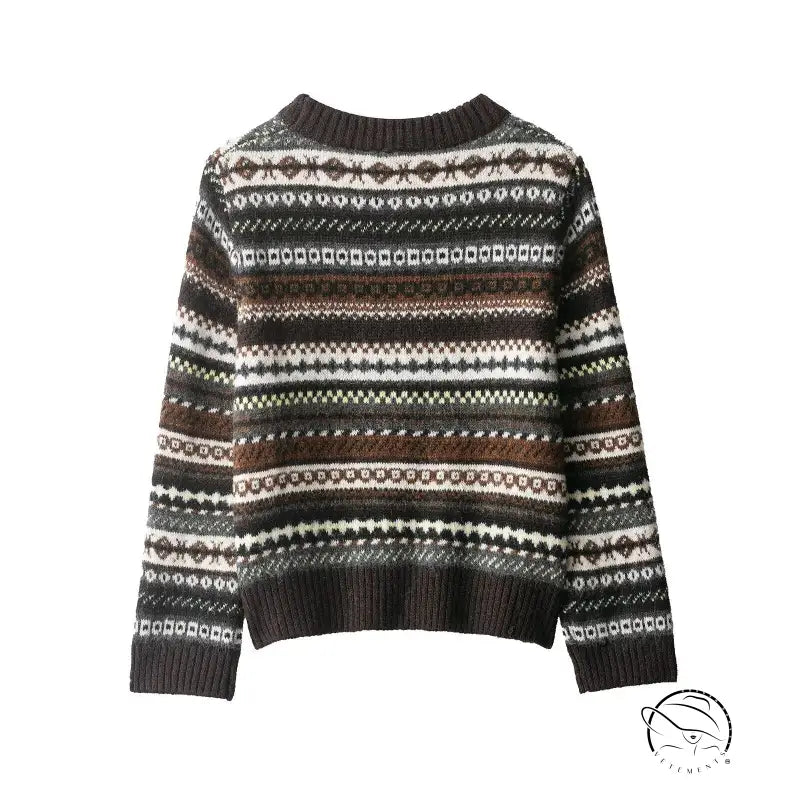 Fair Isle langry fashion sweater in brown, black, white geometric patterns