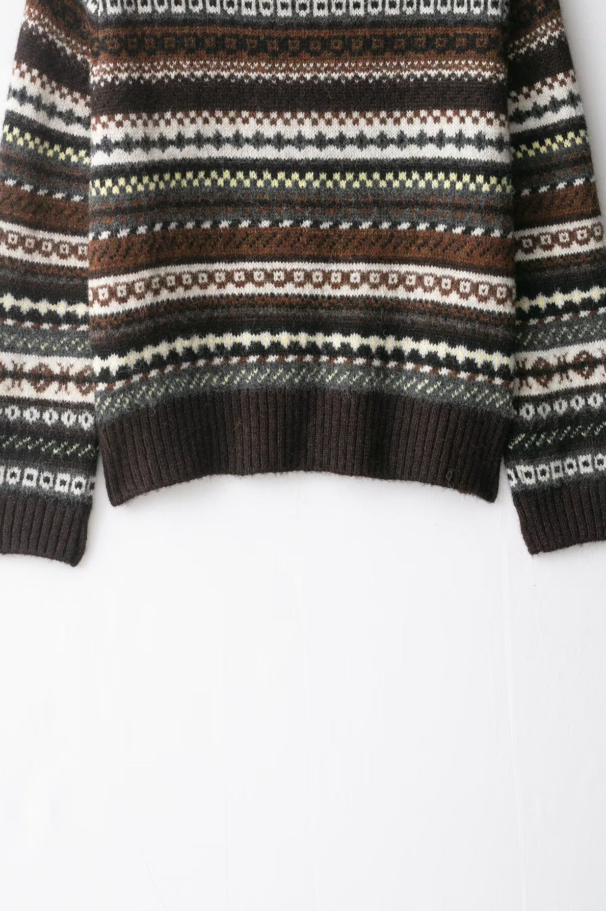 Langry fashion cute design jacquard sweater in intricate fair isle geometric patterns with brown, white, and black colors