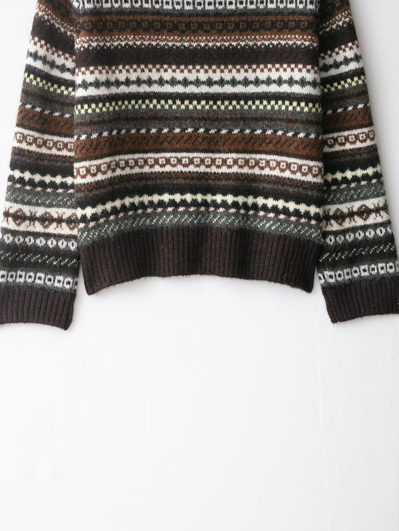 Langry fashion cute design jacquard sweater in intricate fair isle geometric patterns with brown, white, and black colors