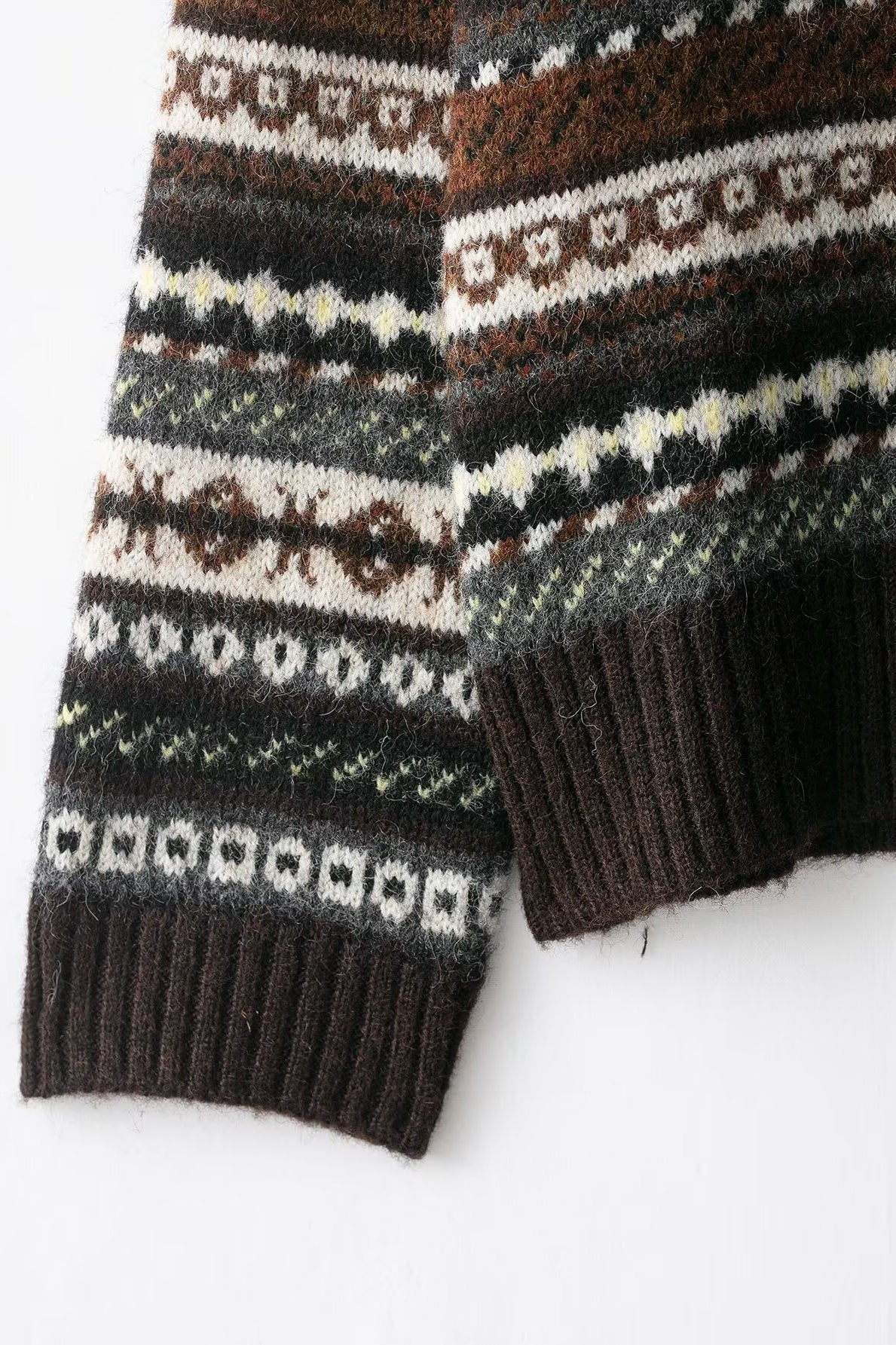 Brown and white fair isle Langry fashion sweater with ribbed cuffs