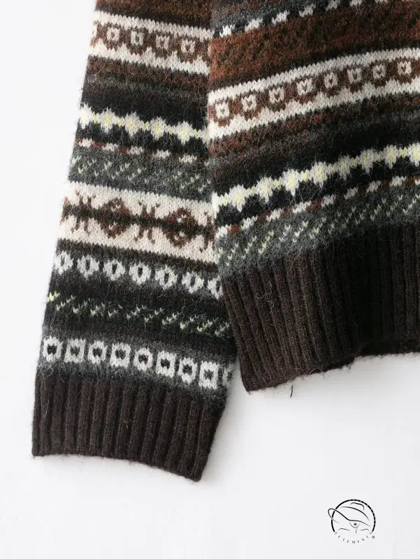 Brown and white fair isle langry fashion sweater with ribbed cuffs
